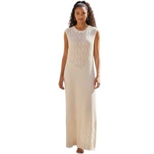 Zara Cream Crochet Knit Maxi Dress Sz M Sleeveless Side Slit Minimalist Coatal